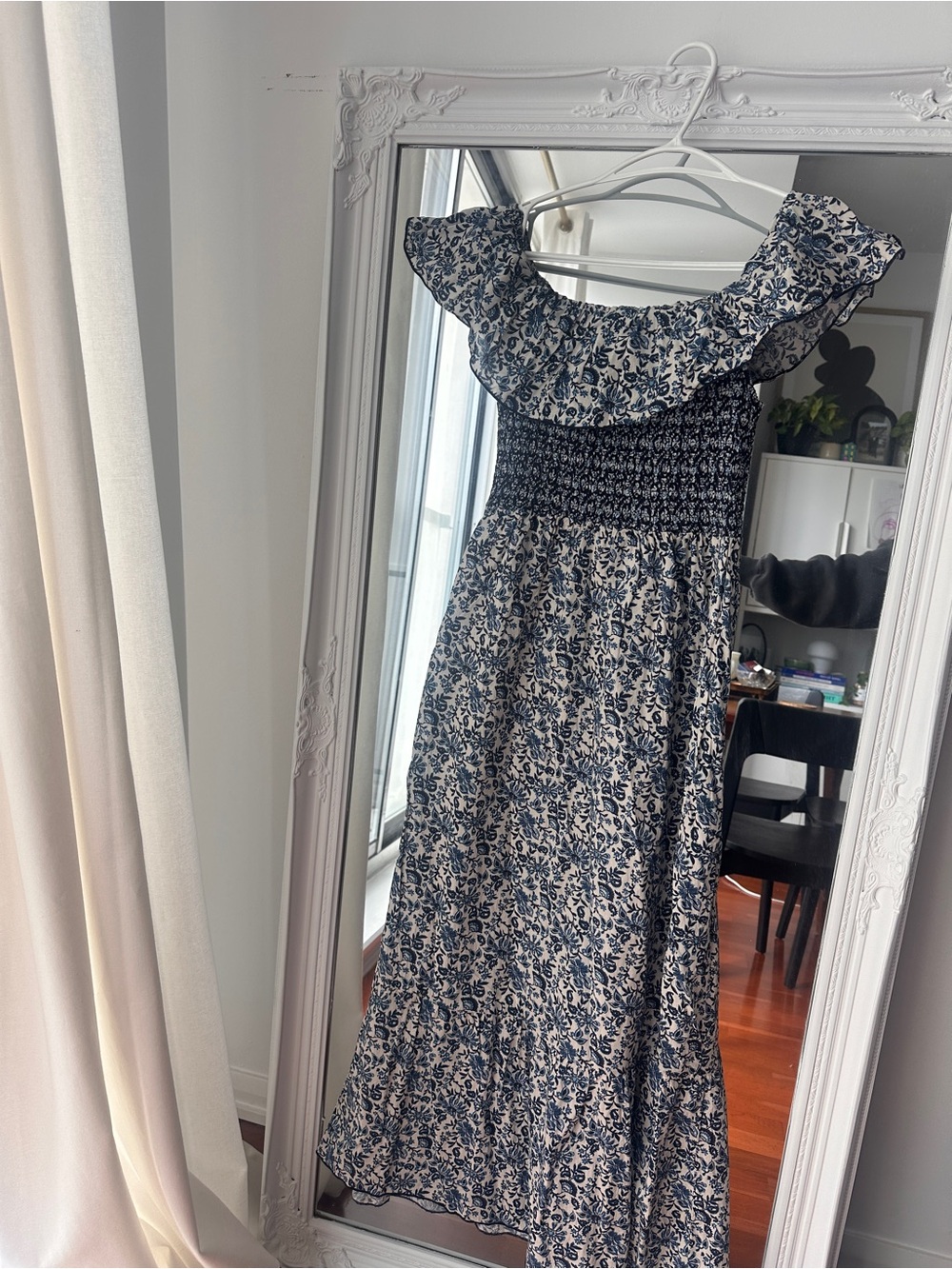 Floral Navy and Cream off the shoulder Ruffle Dress